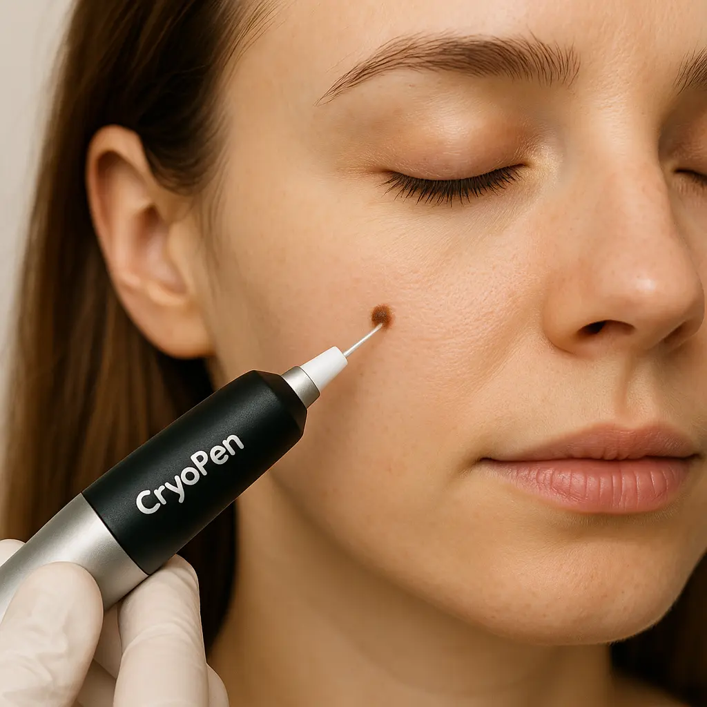 woman receiving facial mole removal Park Royal using cryopen 